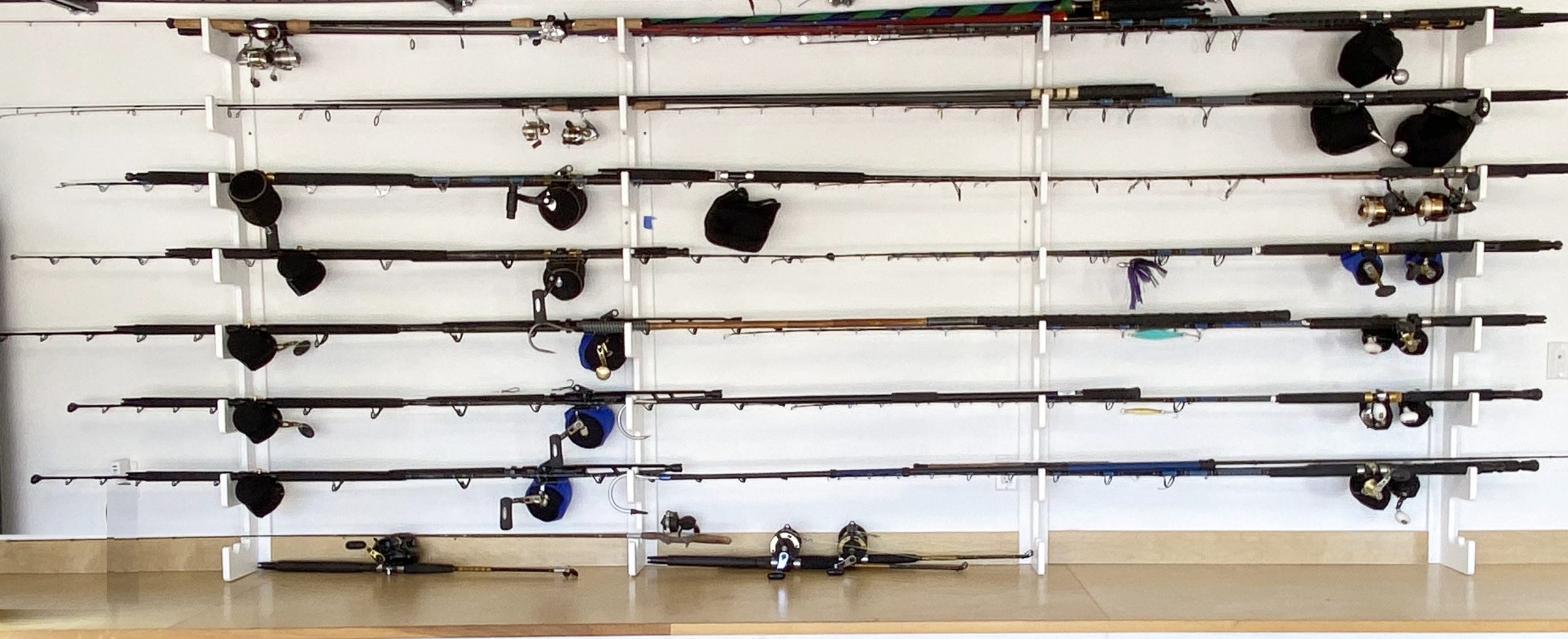 Horizontal Rod Rack for Fishing Rod Wall Rack Storage-Ultra Sturdy Strong  Weatherproof Holds 3 Rods- Space Saving for Fishing Rods，Hiking Poles, Ski