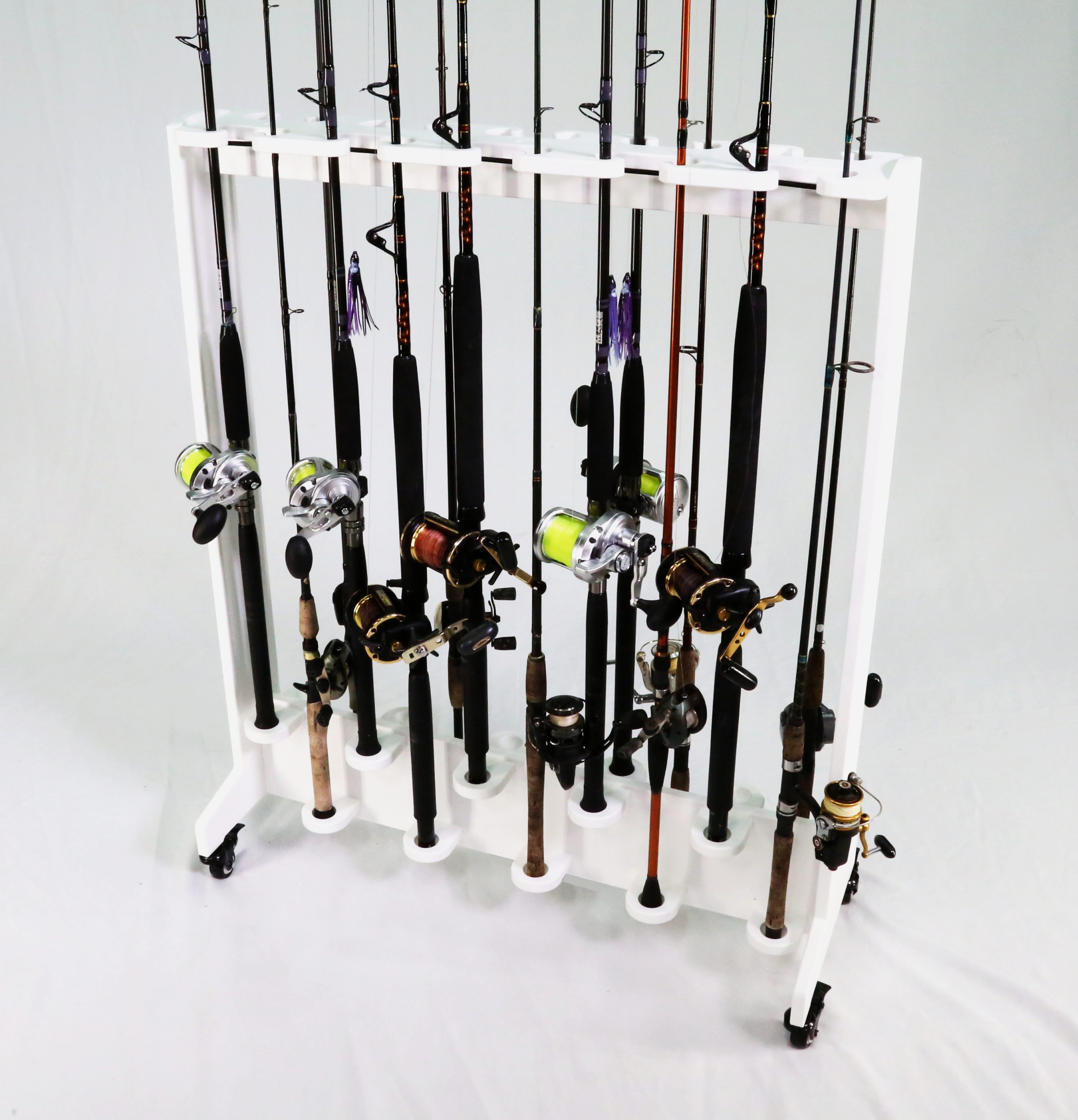 Fishing pole holder / Fishing rod rack / Standing organizer for 20 rods